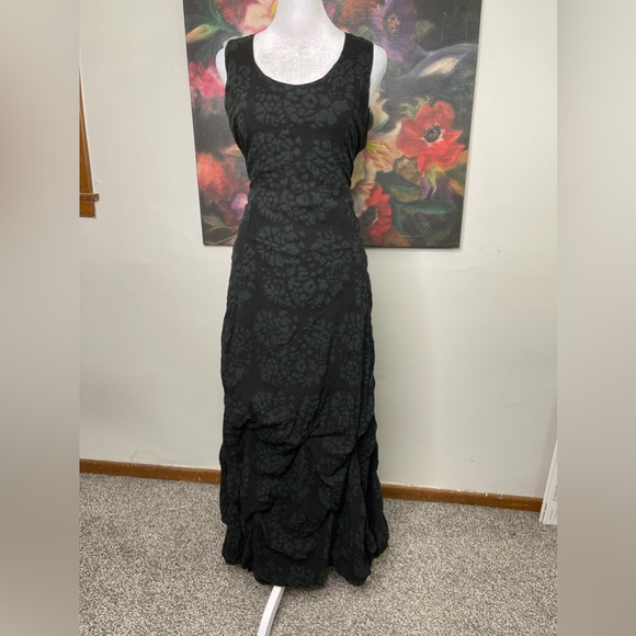 Vintage 1890s 1900s Black Goth Grunge Lace Up Corset Maxi Maid Textured Dress M - Picture 1 of 12